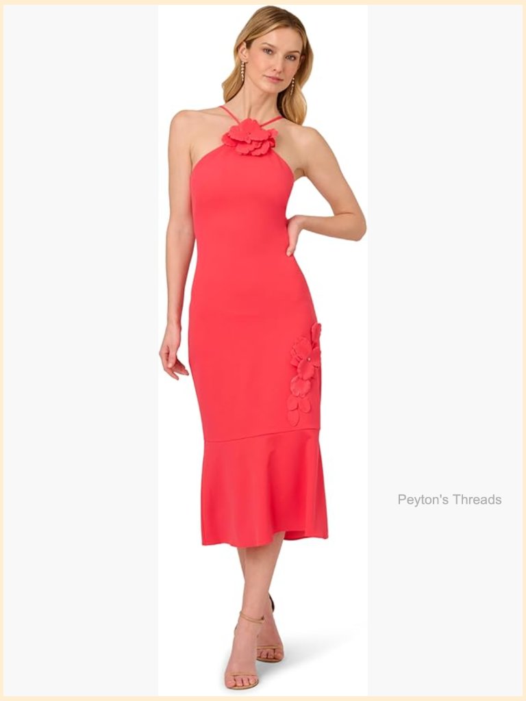 3d Flower Halter Midi Dress With Tiered Hem